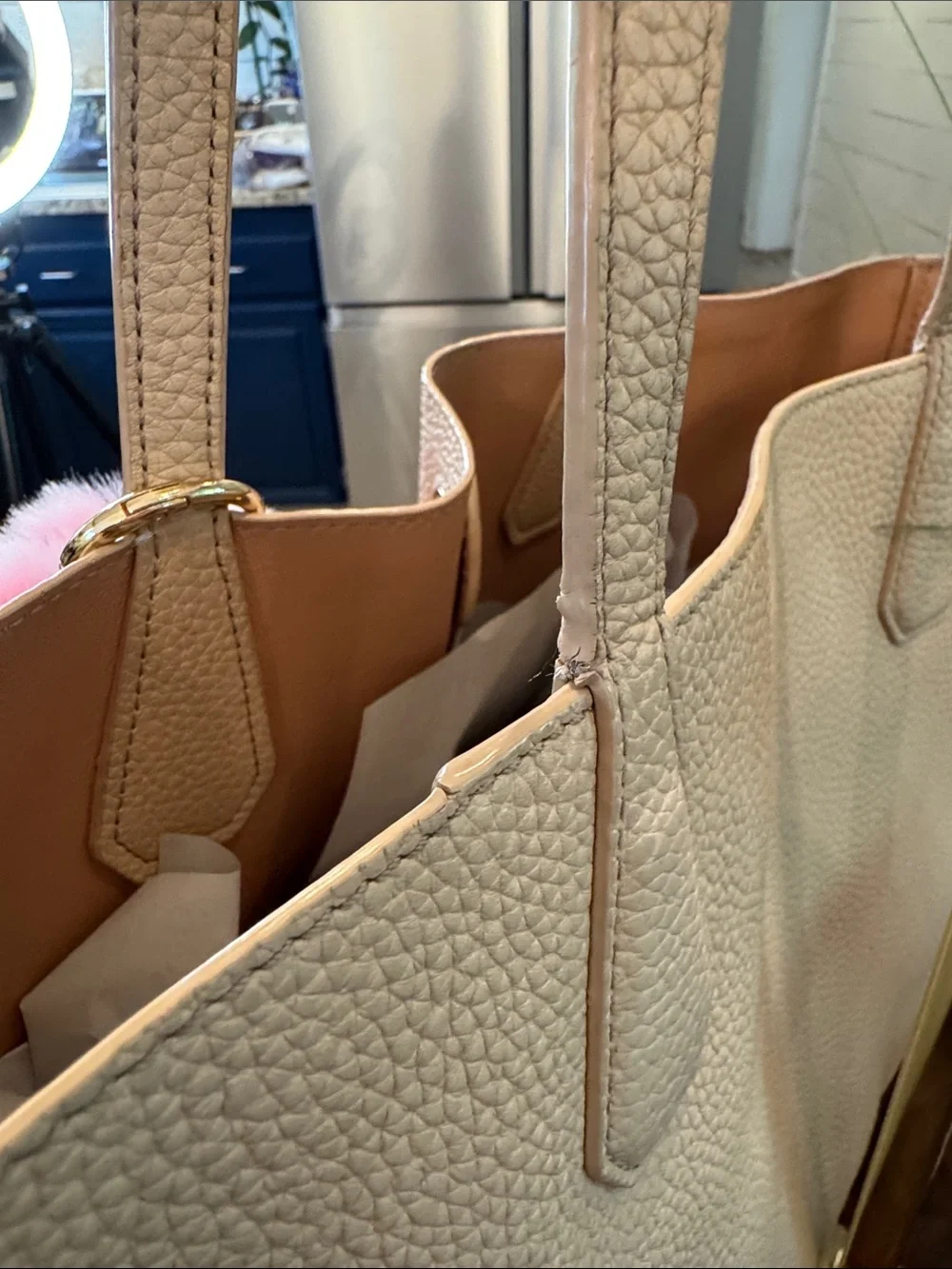 Tory Burch Pebbled Leather Tote with Pink Fur Charm